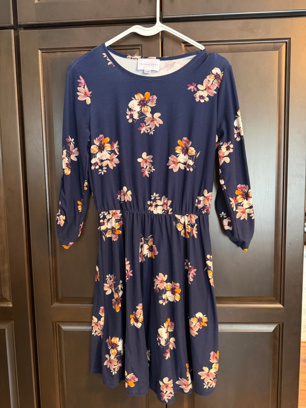 French Grey Navy Floral Elastic-Waist Dress with Pink & Yellow Blooms